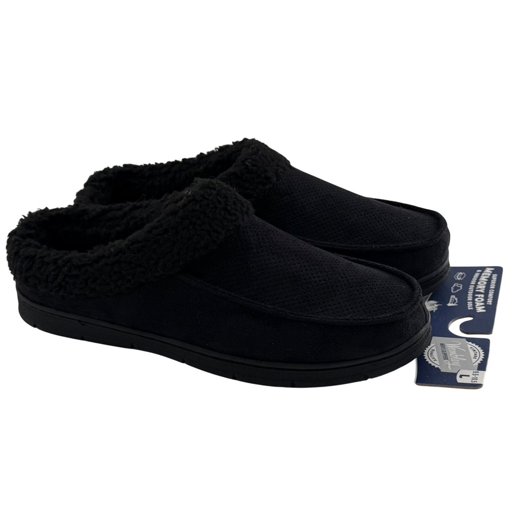 Wembley Mens L 9.5-10.5 Slippers Black Memory Foam Faux Fur Clog Indoor‎ Outdoor